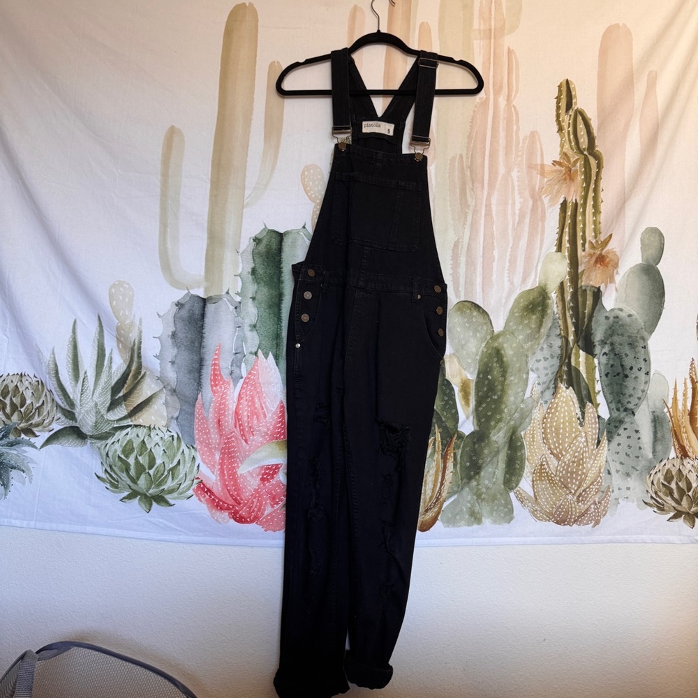 PISTOLA black denim distressed overalls sz small